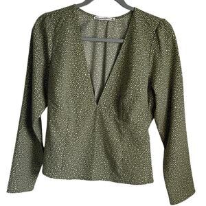 Abercrombie & Fitch V-Neck Top Sz M Olive Polka Dot Smocked Back Long Sleeves